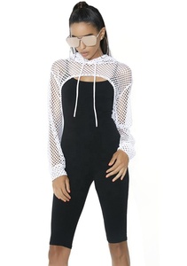 Women White Custom <strong>Fishnet</strong> Cut Out Crop <strong>Top</strong> Pullover Hoodie - Product Image 2