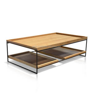 Contemporary teak wood coffee <b>table</b>, featuring a sleek black metal frame and dual shelves for stylish storage and timeless - Product Image 4