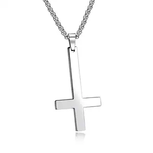 新品上市不锈钢男女通用珠宝十字架项链，个性男士珠宝撒旦颠倒十字架吊坠项链/
