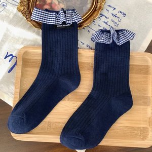 Calcetines Xuxin Aiming Azul Marino a Media Pantorrilla con Volantes a Cuadros, Calcetines Transpirables y Cálidos para Mujer - Product Image 1