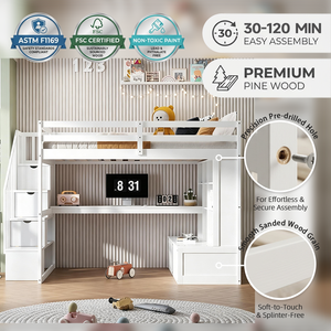 <span class=keywords><strong>Lit</strong></span> mezzanine pour enfants et adultes avec <span class=keywords><strong>bureau</strong></span> et étagères, deux tiroirs intégrés, escalier de rangement - Product Image 1
