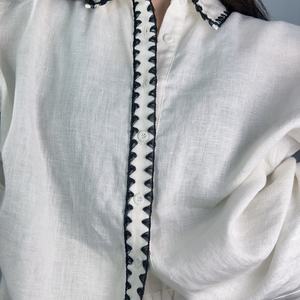 Conjunto Casual de Verano para Mujer OEM, Nueva Moda, Camisa Blanca de Lino de Manga Larga por Encima de la Rodilla, Top Corto con Bordado a Mano, Estilo Diario - Product Image 5