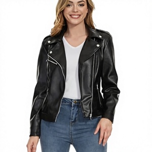 Chaqueta de Motociclista para Mujer, Negra, de Cuero Genuino de Oveja, Acolchada, Resistente al Viento, Corte Ajustado, con Cierre, Estilo Casual, para Otoño - Product Image 1