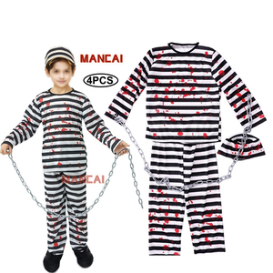 子供用ストライプ制服囚人コスチューム刑務所囚人子供ハロウィンカーニバル黒と白のストライプ刑務所コスチュームコスプレ - Product Image 1