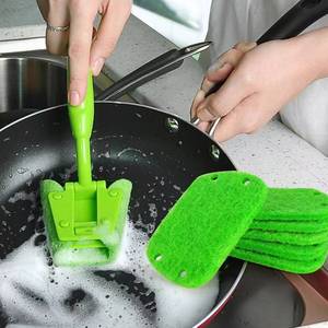 Cepillo de limpieza de cocina de plástico con mango largo para lavar platos, ollas y estufas, que no ensucia las manos, con cabezal de estropajo reemplazable - Product Image 1