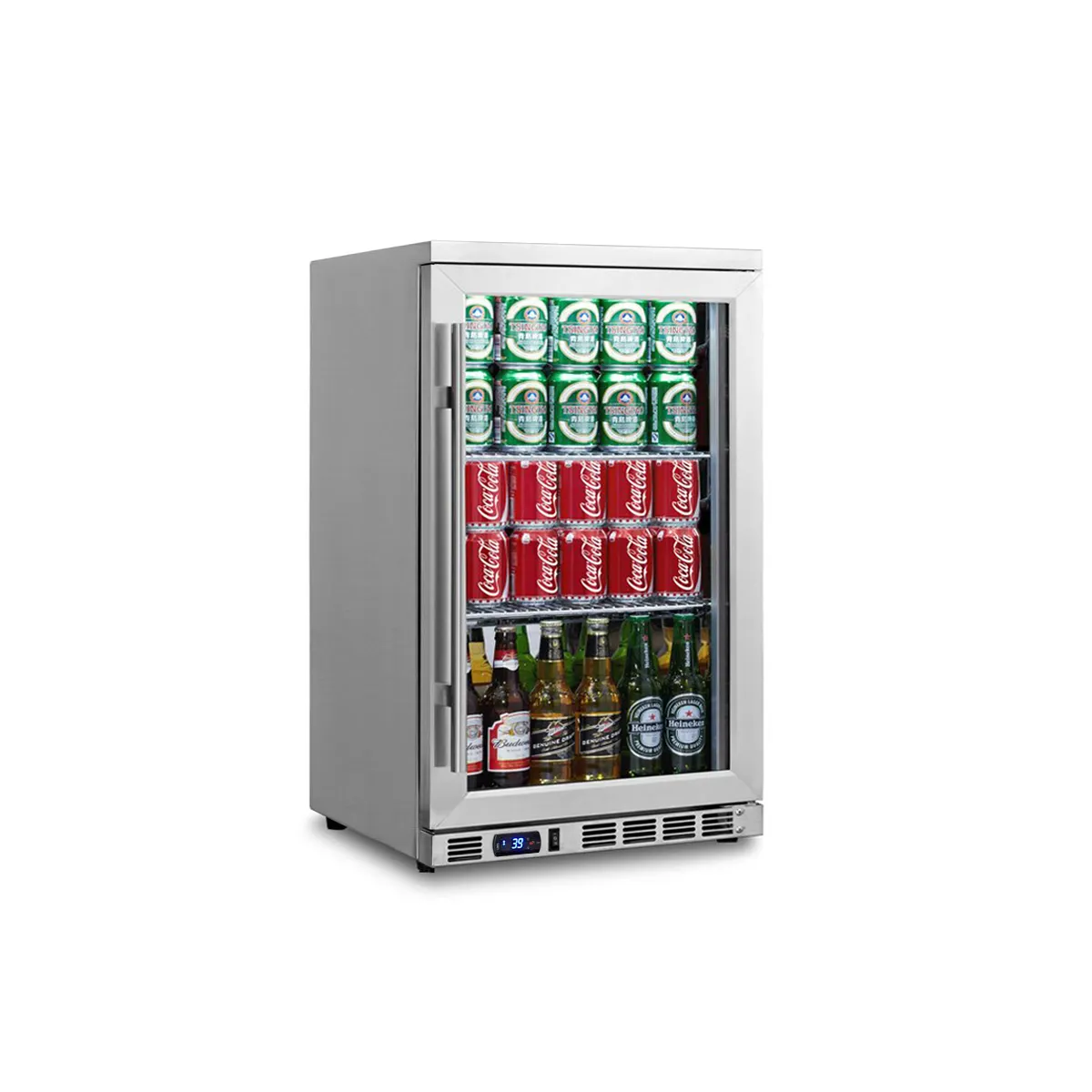 Commerciële Veldbar Mini Bier Kan Koeler Binnen Led Licht Vitrine Glazen Verticale Display Showcase Gebruikte Koelkast Vriezer