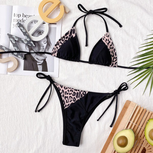 Ensemble bikini imprimé léopard pour femme, maillot de bain deux pièces à col halter et liens, bas de maillot string à bordure contrastante en tissu extensible - Product Image 3