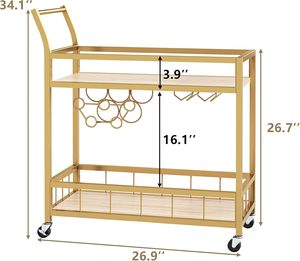 바 카트 골드 홈 산업용 모바일 바 카트 와인 랙과 유리 홀더 2 보관 선반이있는 바퀴에 와인 카트 서빙 - Product Image 6