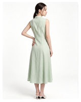 Robe midi en lin et coton à taille empire - Robe chemise bohème sans manches avec col mandarin