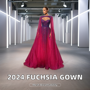 Fuchsia Kralen A-Line Avondjurk Cape Mouwen Tot Op De Grond Geïnspireerde Beroemdheden Ademend Voor Vrouwen - Product Image 3