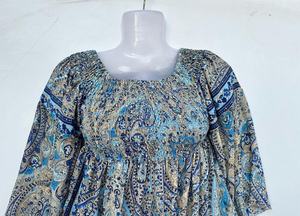 Boho Paisley Smocked Woven Silk Blend Natural Waist Peasant Blouse for Women Regular Fit Casual Bohemian <b>Top</b> Celebration Dress - Product Image 4