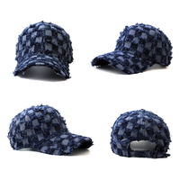 Gorra de béisbol de mezclilla vintage ajustable con logo bordado personalizado, diseño a cuadros, flecos desgastados, para exteriores, protección solar, venta al por mayor