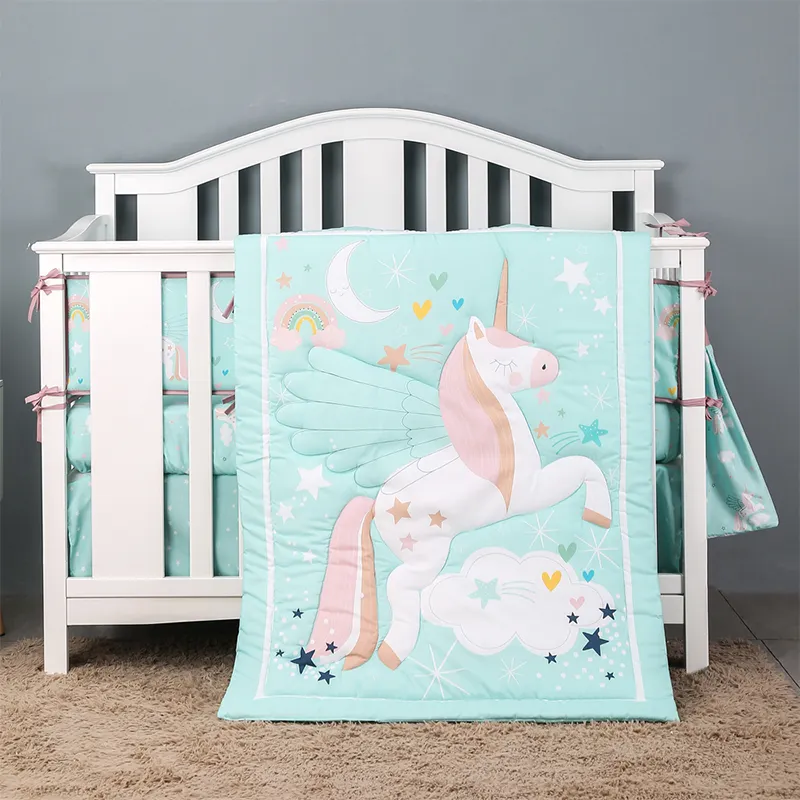 Conjunto de edredon de cama padrão 72cm por 132 cm, design unicórnio verde, 7 peças para recém-nascido, bebê, menino e menina