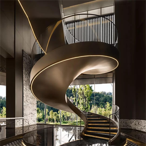 Современная Роскошная изогнутая стальная лестница индивидуальная мраморная лестница со стеклянным ограждением для квартиры - Product Image 5