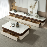 Ensemble table basse et meuble TV en pierre frittée, style minimaliste moderne, avec grands tiroirs de rangement et structure en bois, pour salon