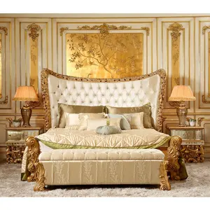 Royal Bahasa Perancis Gaya Klasik Bed Set dengan Daun Emas dan Mengkilap Cermin Selesai