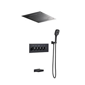 Pommeau de douche à quatre fonctions LED, <span class=keywords><strong>musique</strong></span>, pluie monté au plafond, cascade, mitigeur thermostatique, ensemble de douche noir mat - Product Image 1