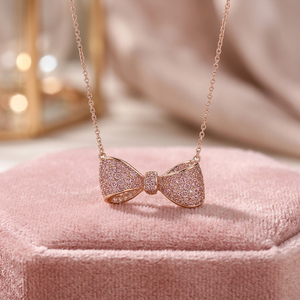 Trendy Brass Pave Zircon <b>Statement</b> Claw Setting Ribbon Bow Pendant <b>Necklace</b> Women's Wedding Anniversary Gift (Large Size) - Product Image 3