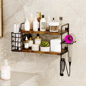 Mensola porta asciugacapelli a 2 livelli in legno rustico da parete, organizer da bagno con cestello in filo metallico - Ingrosso - Product Image 3