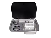 Cuisine de camping portable de luxe JP, cuisinière à gaz 2 brûleurs, évier combiné, acier inoxydable SS 304 argenté pour véhicule