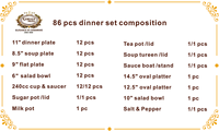 86pcs style royal en relief or porcelaine luxe dîner ensemble assiette bol plat ensembles avec café thé tasse pour chaud et fête de mariage
