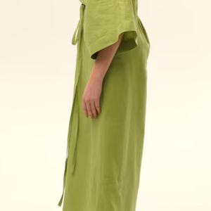 Vestido de Lino Elegante para Mujer, Estilo Veraniego, Cuello en V, con Volantes, Midi, Holgado, Cintura Alta, Casual, para Damas - Product Image 2