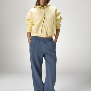 Minimalist Women Pastel Yellow Cropped <b>Zip</b> Up Hoodie Oversized Soft Fleece Full <b>Zip</b> <b>Hooded</b> Jacket Street Loungewear Outer Top - Product Image 5