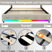 Améliorez votre chambre avec ce lit en tissu gris avec 4 tiroirs de rangement, poignées dorées, USB-C et lumières musicales