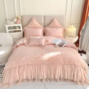 Grosir 100% bunga katun renda merah muda selimut penutup ukuran king 4 buah set tempat tidur untuk anak perempuan