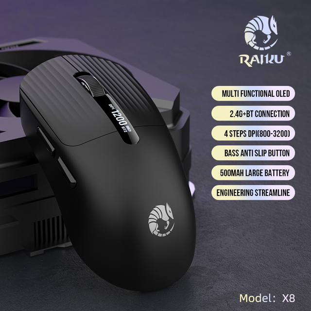 RAIKU X8 2.4G Dual Mode Rechargeable Wireless Mouse with LED Display Silent Click for PC Laptop Office