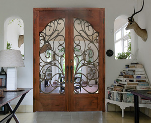 Porte d'entrée de villa <span class=keywords><strong>en</strong></span> fer forgé et <span class=keywords><strong>bois</strong></span>, avec verre, double porte principale avec motifs de grille, utilisée par Lowes - Product Image 6