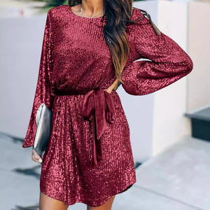Sequined Cocktail <b>Dress</b> O Neck Long Sleeve With <b>Belt</b> <b>Sparkly</b> Party <b>Dress</b> <b>For</b> Women Fashion <b>Dress</b> 2025 - Product Image 4