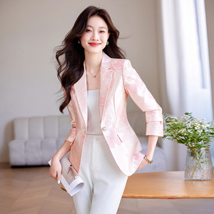 Apricot Jacquard Acetate Satin Blazer For Women Autumn Single Button Slim Fit Elegant Floral Pattern Anti Wrinkle - Product Image 4