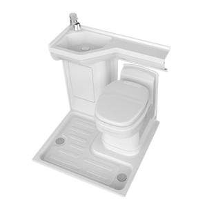 Base de cabine de douche portable pour camping-car en forme de P avec lavabo, toilettes à cassette et receveur de douche - Product Image 1
