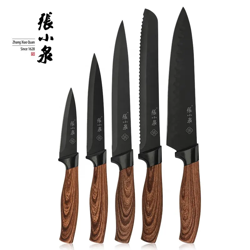 Hot sell 5 pcs chef knife setgift boxed set black resin blade soft grip wood texture kitchen knife