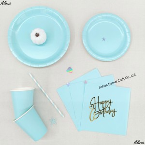 Juego de Vajilla Desechable DAMAI, Platos, Vasos, Servilletas y Pajitas de Papel Azul Claro con Diseño Sólido, Forma Redonda, Ecológicos para Fiestas - Product Image 3
