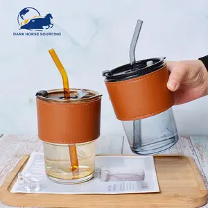 New Design Reusable Borosilicate glass Amber Water Glass Travel Coffee Cup With Lid And Straw