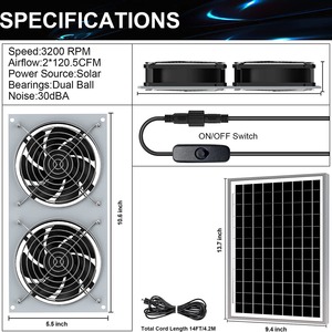 Ventilateur solaire 15W avec panneau solaire et deux ventilateurs DC sans balais pour le refroidissement des abris - Product Image 3
