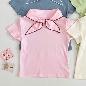 Eleganti Camicie Estive per Ragazze <span class=keywords><strong>con</strong></span> Colletto Navy e <span class=keywords><strong>Papillon</strong></span>, T-Shirt in Cotone a Maniche Corte - Product Image 6