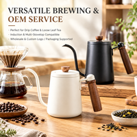 Bouilloire à café en acier inoxydable à bec col de cygne avec poignée en bois, pour le café filtre et le thé, idéale pour barista, compatible induction, vente en gros, logo personnalisé