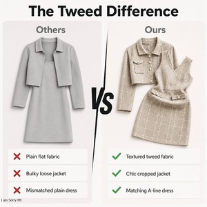 Elegante Completo <span class=keywords><strong>Tweed</strong></span> da Donna 2 Pezzi, <span class=keywords><strong>Giacca</strong></span> Corta con Colletto a Risvolto + Abito Senza Maniche con Bottoni di Perle per l'Ufficio Autunno-Inverno - Product Image 5