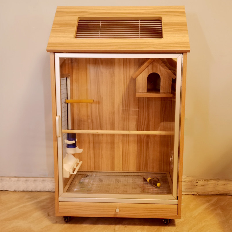 Luxury Wooden Bird Cage with Wheels – Modern Classic Parrot Cage with Anti-Escape Design & Transparent Mesh Door - View 3