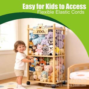 Wooden Elastic Storage Rack For Plush Toys <b>With</b> <b>Wheels</b> And <b>Locks</b> Kids Toy Organizer Rectangle Standing Type - Product Image 3
