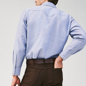 T-shirt à manches longues pour homme, style décontracté chic, col classique, avec poche, en chambray, manches à revers, style western - Product Image 3