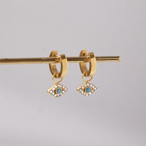 Geometric Evil Eye Hoop Earrings Gold Tone Crystal Inlay Everyday Wear Stainless Steel Jewelry Women - Product Image 3