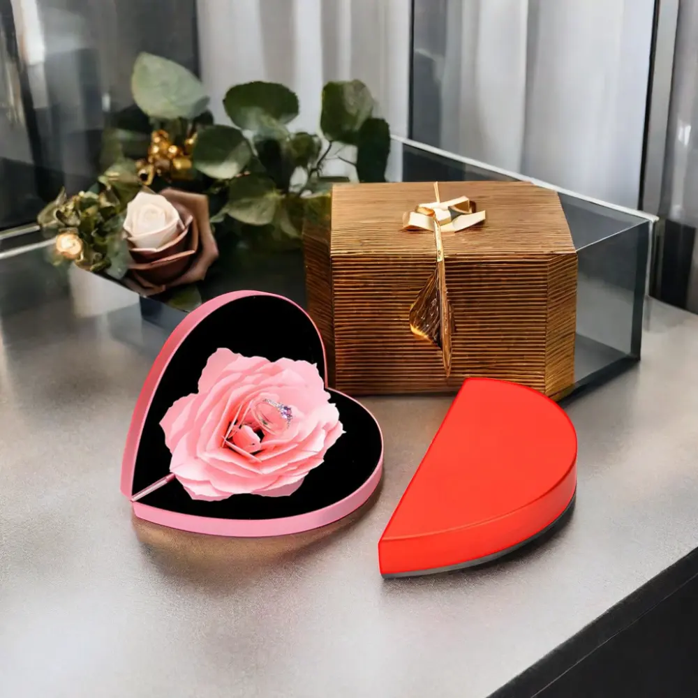 Logotipo personalizado luxu creativo papel caja de regalo embalaje anillo collar con Rosa flor joyería caja de embalaje