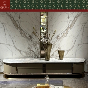 Console <span class=keywords><strong>TV</strong></span> en marbre blanc veiné GOLDKING, style moderne et luxueux, façade incurvée, armoire beige, base dorée, découpe sur mesure OEM - Product Image 5
