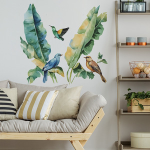 Autocollants <span class=keywords><strong>muraux</strong></span> décoratifs en PVC auto-adhésifs à motif <span class=keywords><strong>tropical</strong></span> de feuilles de bananier, oiseaux et plantes pour salon et chambre à coucher - Product Image 1