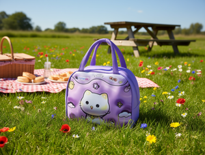 Borsa termica in tessuto non tessuto con disegno di gatto viola, chiusura con cerniera, per il pranzo e la conservazione degli alimenti. - Product Image 2