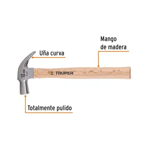 Master con 24 unidades Martillo cabeza cónica 18 mm garra curva, mango de madera, Truper - Product Image 2